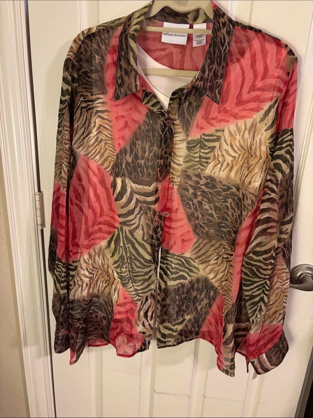 Alfred Dunner Coral, Olive & Brown Sheer Animal Print Blouse and off white shell